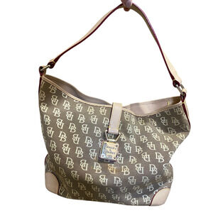 Dooney & Bourke Monogram Canvas Hobo Bag Leather Trim Red Edge